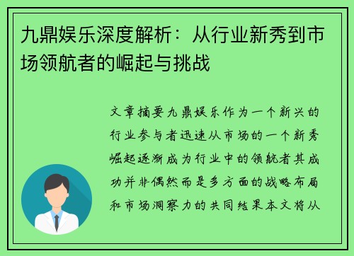 九鼎娱乐深度解析：从行业新秀到市场领航者的崛起与挑战